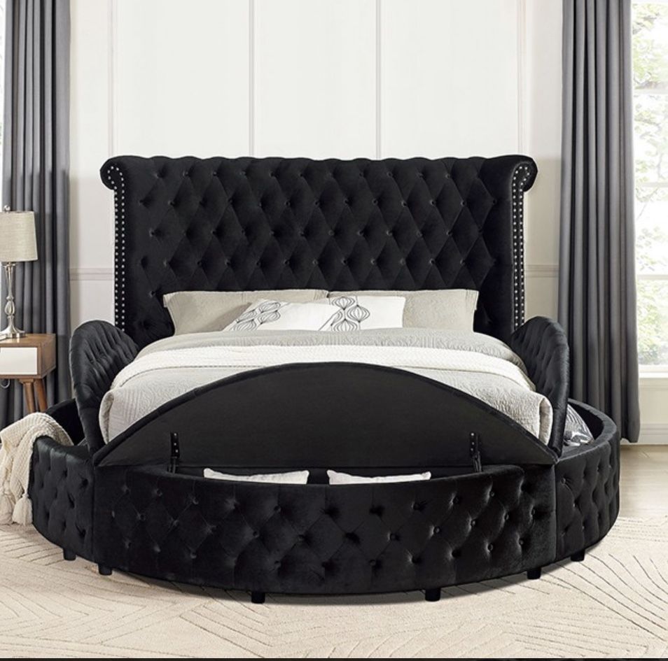 Round Bed Grey Velvet Tufted Storage Bed