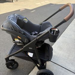Grey Chicco Stroller, Car Seat and Base
