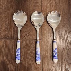 3 Spode Blue Italian Salad Servers, stainless steel heads, classic blue-and-white porcelain handles