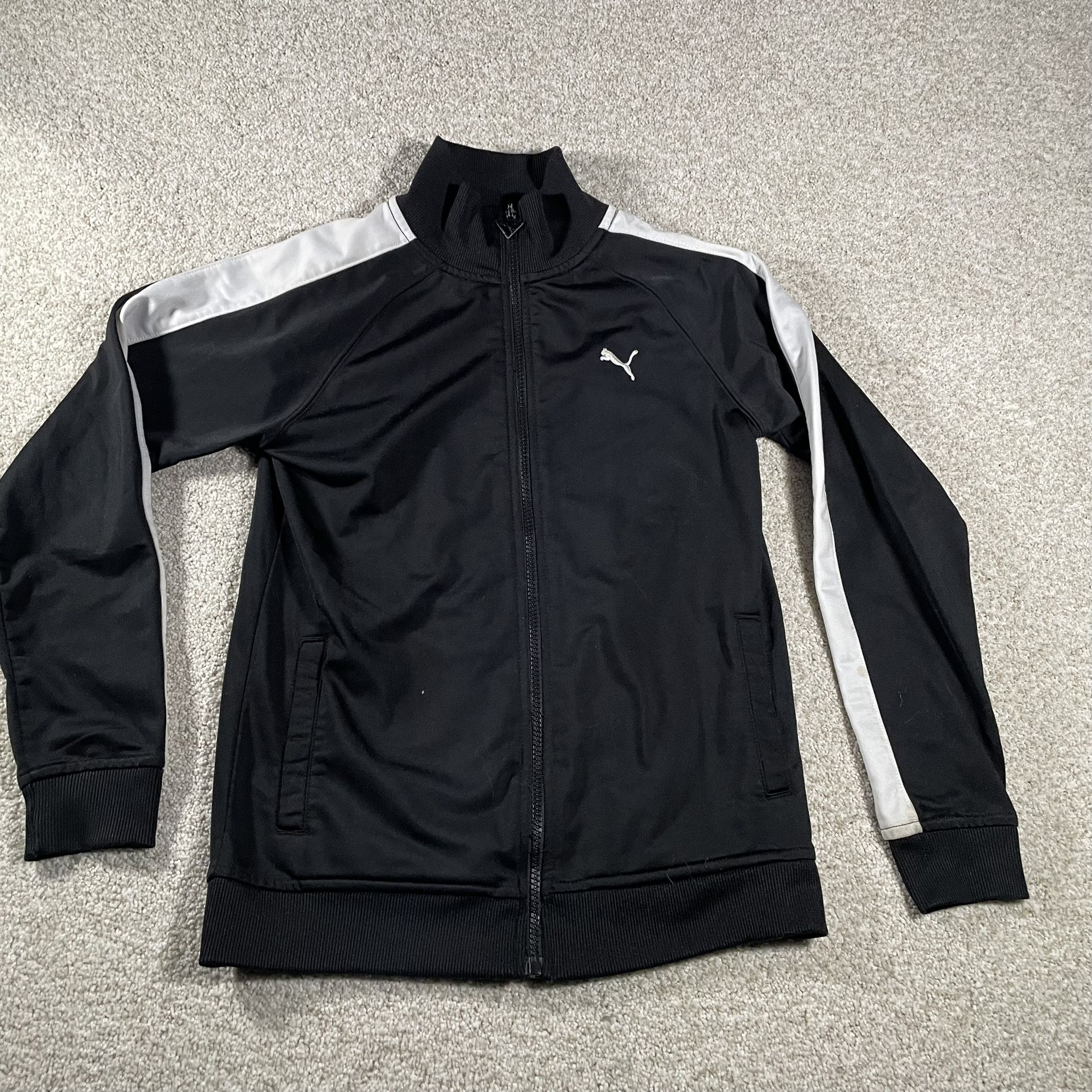 Puma Track Jacket Black Youth Boys Black Full Zip Long Sleeve White Stripes Logo