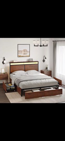 New Full Bed Frame with LED Lights Headboard and 4 Storage Drawers, Metal Platform Bed with Outlets and USB Ports Charging Station, Smart LED Bed Fram