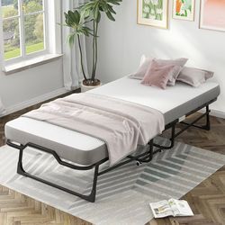 Folding Bed with Mattress, Gray Wood Rollaway Bed with Lockable Wheels, Portable Frame