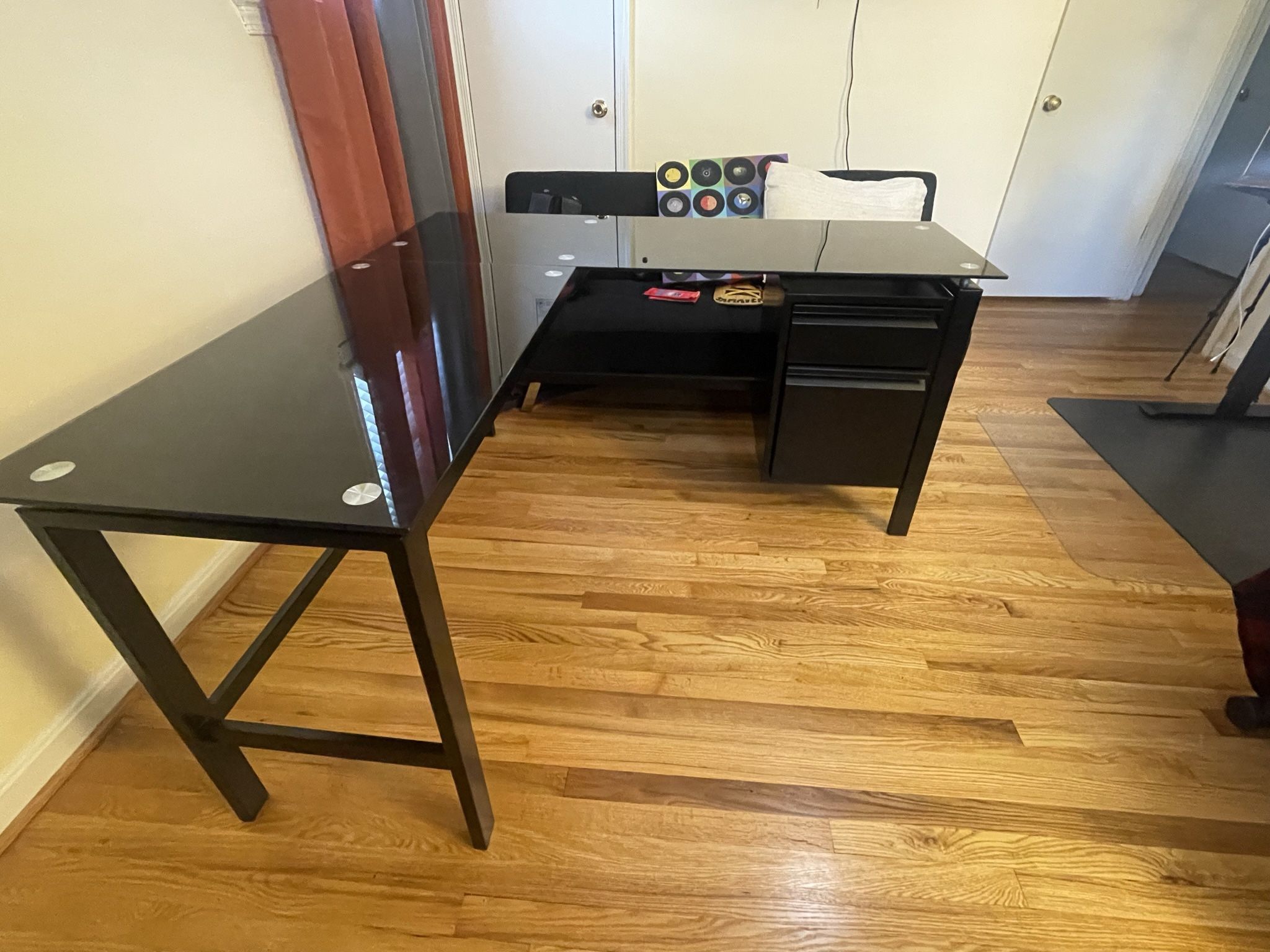 L shaped black Glass Top Desk
