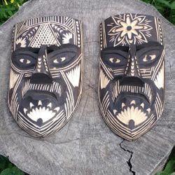 Hand Carved Wooden Tribal Masks (Pair)