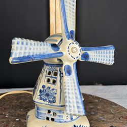 Vintage Delft Blue Dutch Windmill Lamp Ceramic Holland Style Light 11in