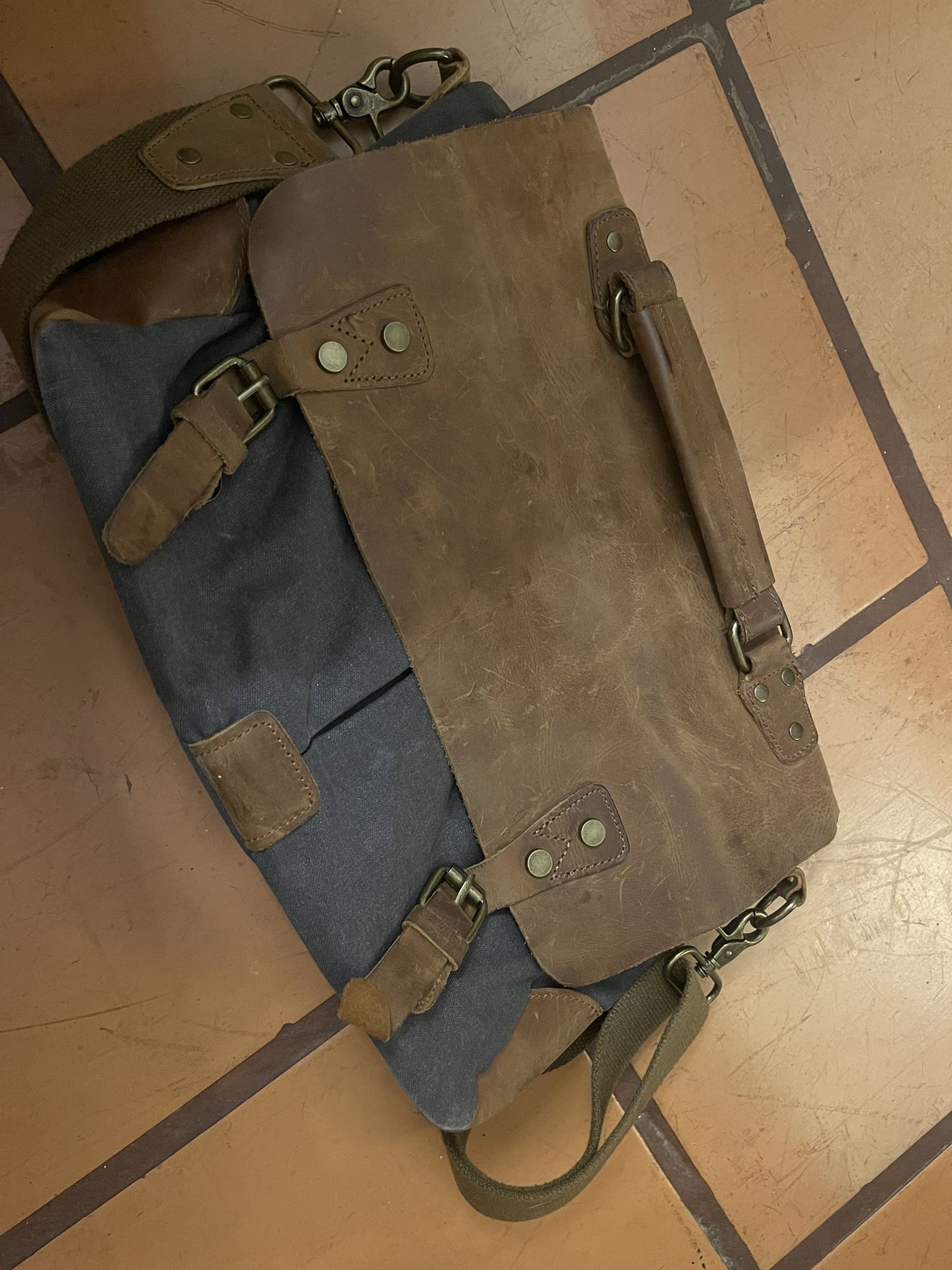 Brown Leather And Grey Canvas Tote