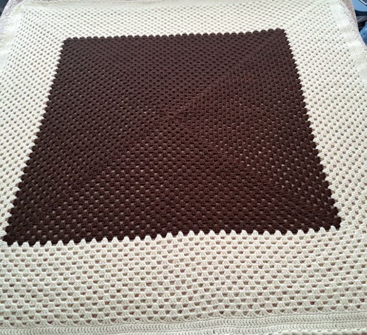 Afghan Hand Crocheted Afghan 53 x 53 Dark Brown & Cream coffee Measures 53 x 53 Bernat Worsted Acrylic. The cream is called Sugar Cookie. Smoke free