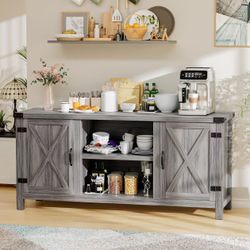 YESHOMY Farmhouse Buffet & Sideboard, 58" Kitchen Storage Cabinet with Adjustable Shelves & Doors, Wood Coffee Bar for Living Room, Entryway, Gray Was