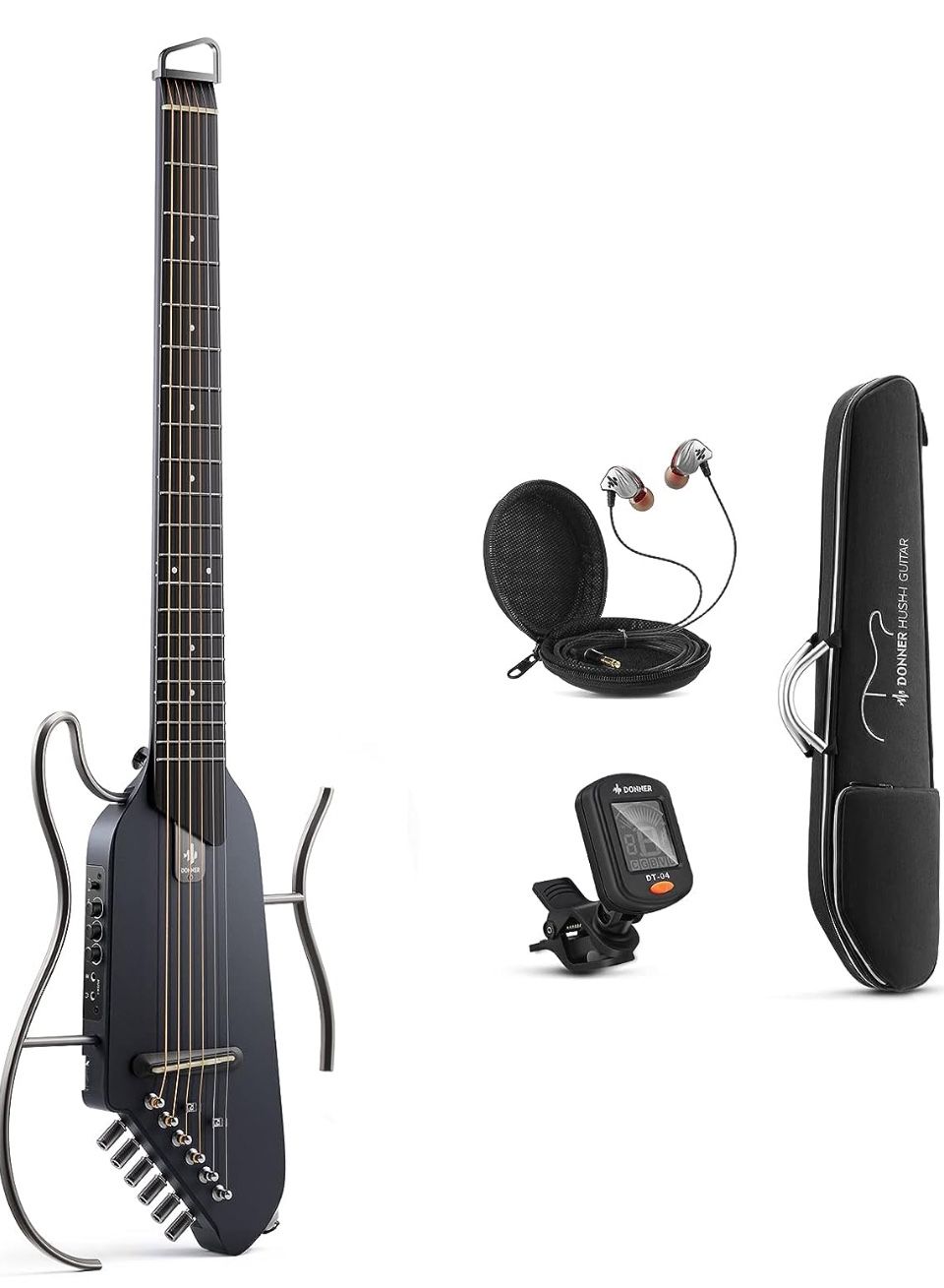 Donner HUSH-I Guitar For Travel - Portable Ultra-Light and Quiet Performance Headless Acoustic-Electric Guitar, Maple Body with Removable Frames, Gig 