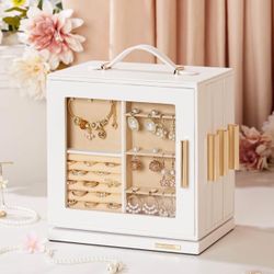 Homde Jewelry Box 360° Rotating, Necklace Earring Organizer with Transparent Window, Mirror, 7 Drawers, Large Ring Display Storage Case for Girls Wome
