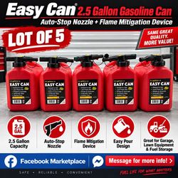 Easy Can 2.5 Gallon Gasoline Can with Auto-Stop Nozzle and Flame Mitigation Device (LOT OF 5)