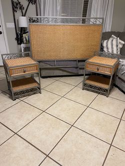 Vintage Wicker and Metal Headboard with Two Nightstands