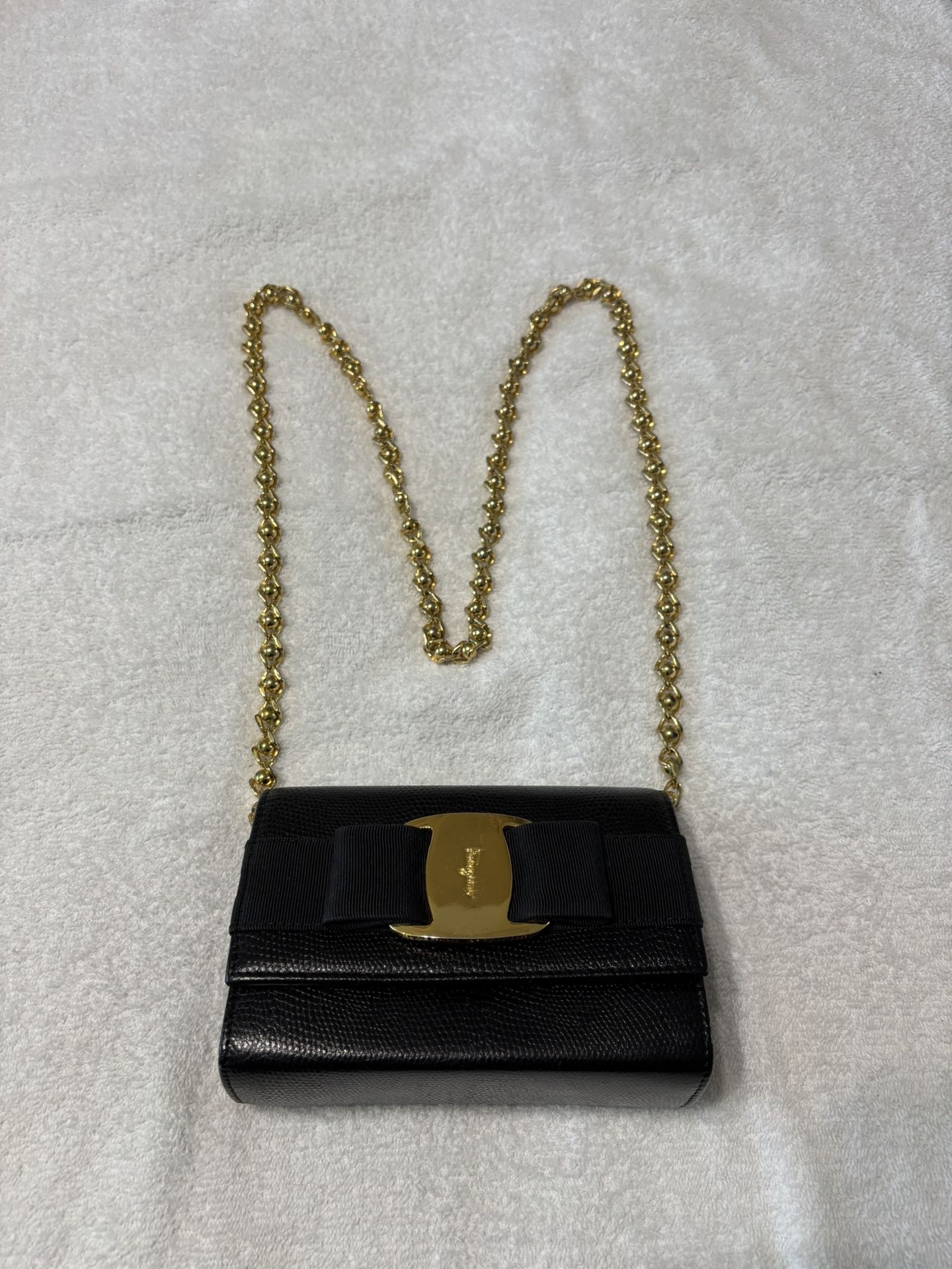 Salvatore Ferragamo Black Saffiano Leather, Gold Chain Crossbody Bag 8"