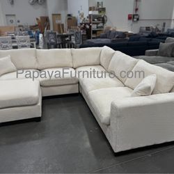 New Ivory White Beige L Shape Sectional Sofa And Ottoman Set Corner Couch Large