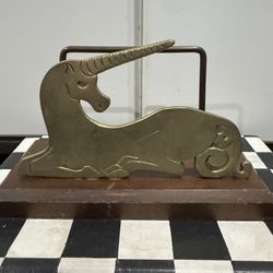 Brass and wood unicorn mail holder