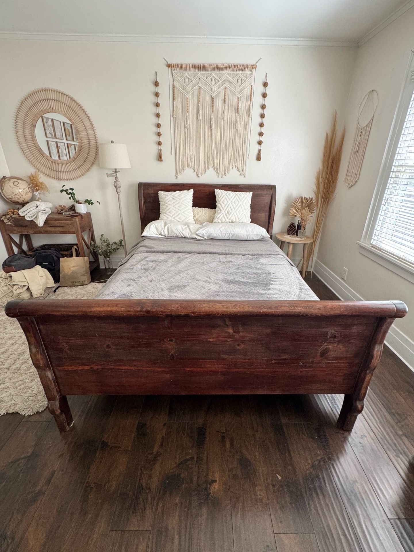 Vintage wood queen sleigh bed frame