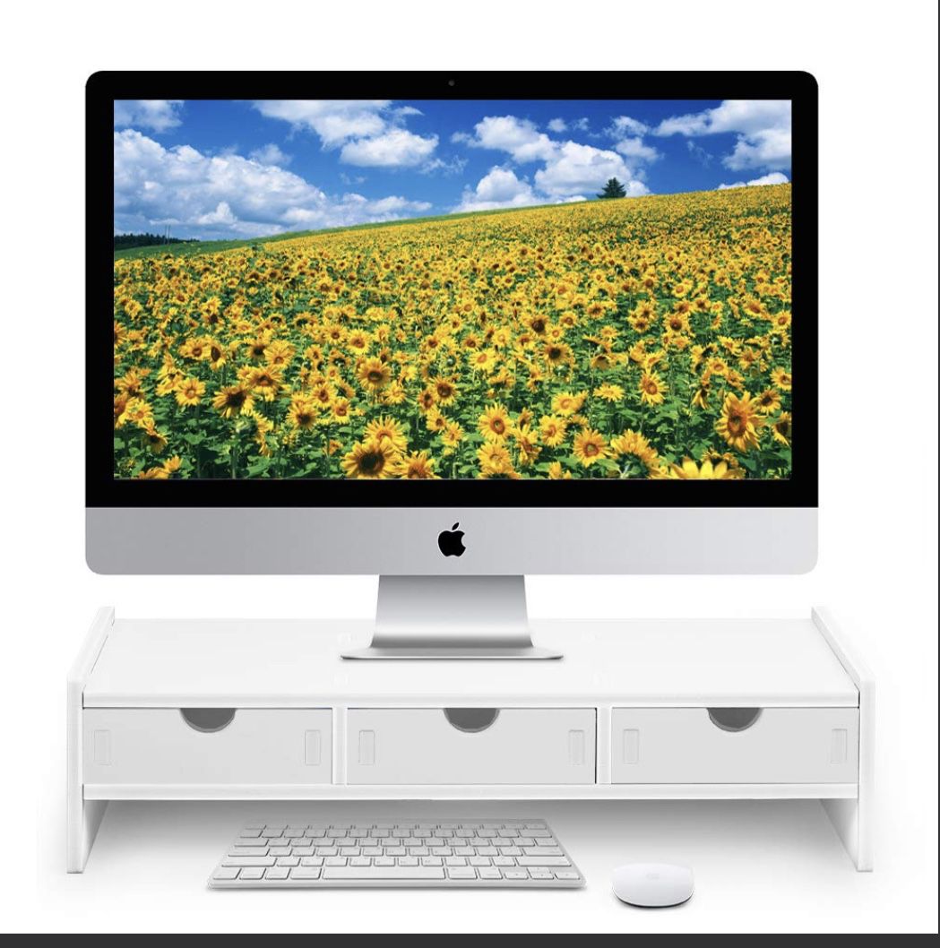 Monitor Stand Riser, Computer Laptop Riser Shelf With 3 Organizer Drawers (White, 19.5"L X 7.5"W X 4.7"H) (White)