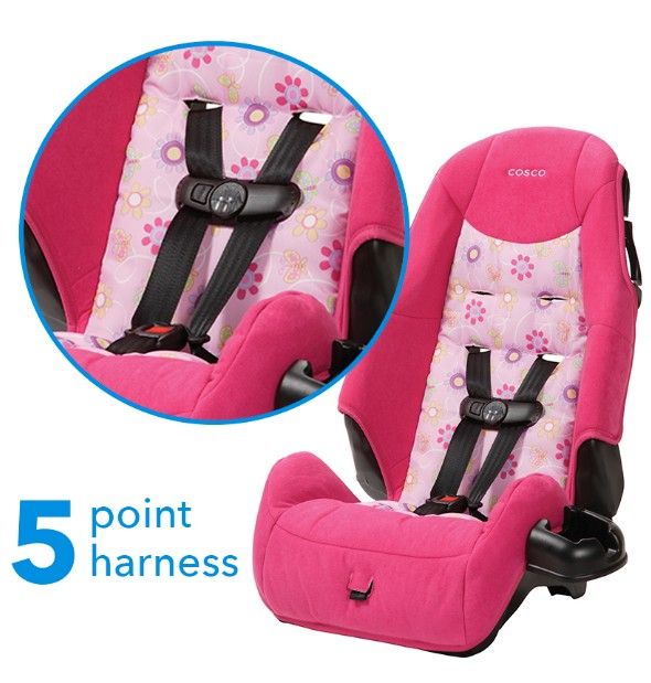 Pink Flowered Cosco Highback Booster Car Seat, Polyanna. Car seat for children. 5 Point Harness Car Seat. Silla de Carro para Niña.