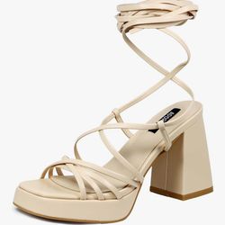Adorose Womens Strappy Heels Lace Up Chunky Beige Heel Sandals