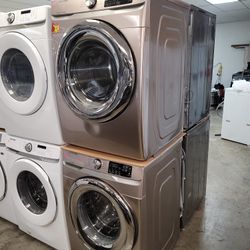 Samsung Front Loading Washer And Stackable Gas Dryer Set In Champagne 