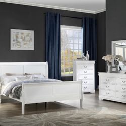 White Queen Size Bed + Dresser + Nightstand + Mirror