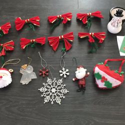 Christmas Ornaments, bows, snowman mini flower pot, and Christmas Cards $5