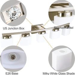 5 Light Brushed Nickel Vanity Lighting Fixture with Milky White Glass Shade for Bathroom Over Mirror, 40 Inches
Over Mirror, for Bathroom, Milky White