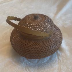Asian Woven Bamboo Basket With Handle