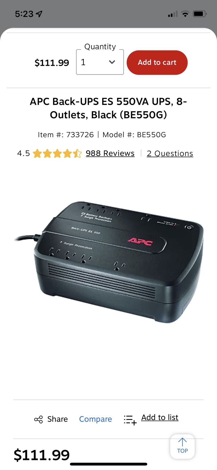 APC® Back-UPS® ES 550 Battery Backup