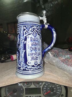 Vintage Marzi & Remy German Beer Stein Lidded Cobalt Relief Inscribed MR Mark