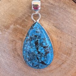 Natural Genuine Turquoise Teardrop Gemstone Sterling Silver 2” Pendant