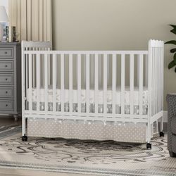 ) Baby Crib, 3-in-1 Convertible Crib Wood Full Size Toddler Bed with Locking Wheels  Plus mattress 
