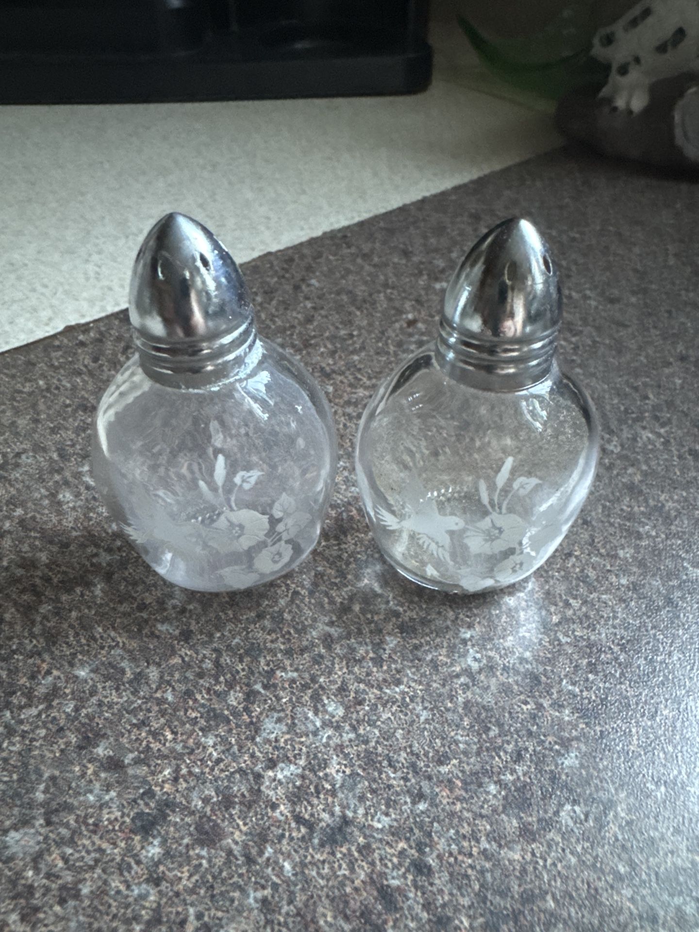 Vintage Etched Glass Salt & Pepper Shakers – Floral Design
