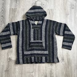 Baja Joe Medium Drug Rug Green Black White Mexican Blanket Knit Warm Hoodie Jacket Cotton