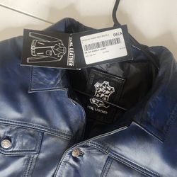 Fernando Men’s Blue Waxed Real Lambskin Trucker Leather Jacket Size Large 