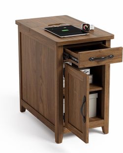 Nj-LINSY Home End Tabl e with Charging Station, Modern Farmhouse Wooden Side Tabl e with Drawer, Detachable Holder, Extra Storage & Display Space, for