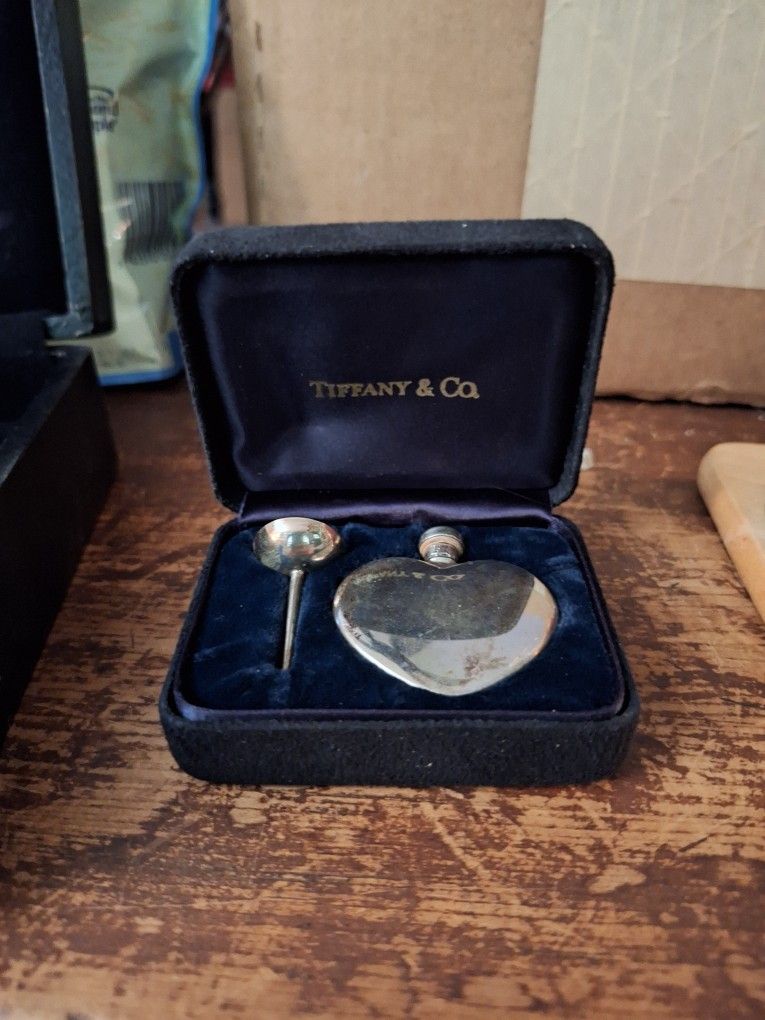 Tiffany & Co. Sterling Silver Heart Shaped Perfume Flask And Funnel