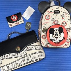 Her Universe (Similar to Loungefly) Disney100 Mickey Mouse And Friends Bundle - ALL NWTs   Includes: Reel Satchel Bag , Mini Backpack and Matching Wal