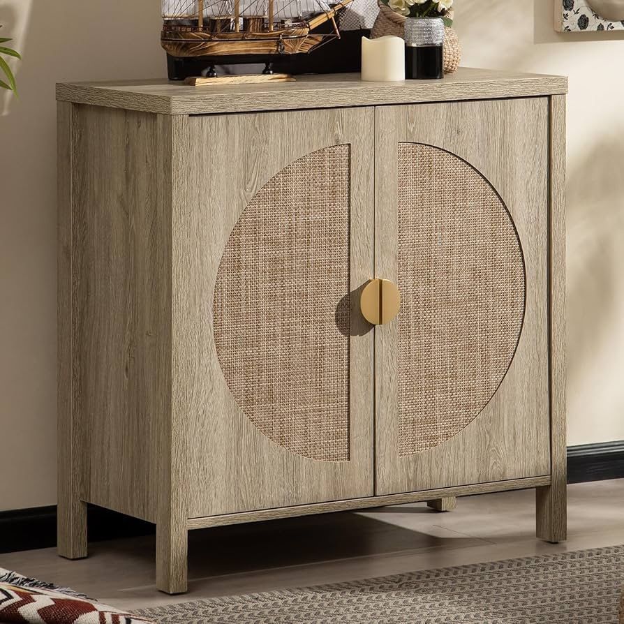 Rattan Buffet Cabinet, Accent Sideboard Storage Cabinet with Adjustable Shelves, Boho Credenza Console Table for Dining Room, Living Room, 