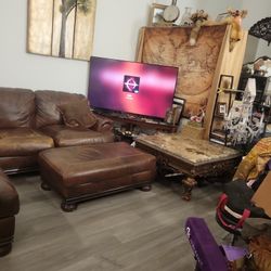 Couch Leather Ottoman Real Stone Coffee Table Set