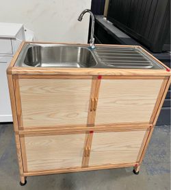Newly Assembled Stainless Steel Basin & Faucet Kit Utility Sink with Cabinet