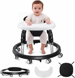 New Baby Walker with Wheels, One-Touch Folding, Height Adjustment Baby Walkers Large Dinner Plate, Brake, Walker for Baby Boy Girls 6-18 Months, Black
