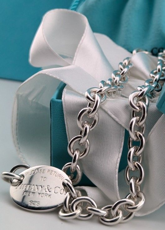 Tiffany & Co. Sterling Silver Necklace With Oval charm Stamped Return to Tiffany