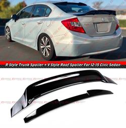 12-15 Honda Civic Sedan Gloss Black R Style Rear Trunk + Roof Spoiler