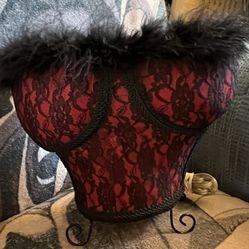 VTG Corset Bustier Red/Black Lacy Print Table Lamp Feathery Fringe