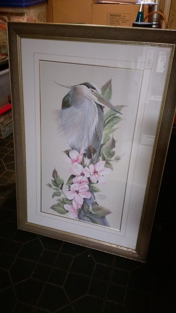LARGE FRAMED PRINT SIGNED NUMBERED BLUE HERON
