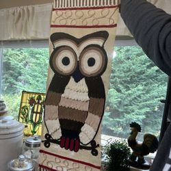 Vintage Crewel Embroidery Owl Wall Hanging 