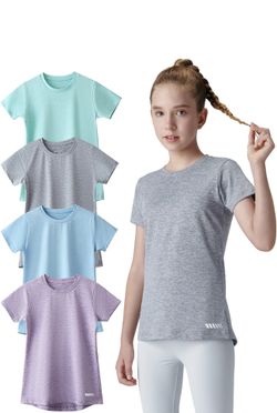 4 Pack: Youth Girls Athletic Shirts, Short Sleeve Dry Fit Apparel Tech Tshirts, Sports Activewear for Kids Teens, Size XL