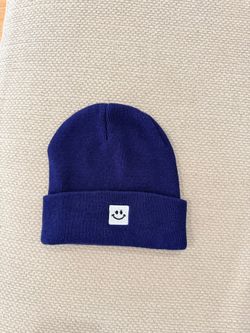 Blue Knit Beanie with Smiley Face Patch