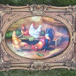 Vintage Framed Rooster and Hens Farmyard Painting – Ornate Gilded Frame